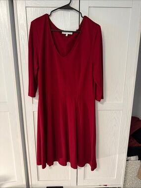 Lark & Ro Deep Red V-Neck Long Sleeve Fit-and-Flare Dress